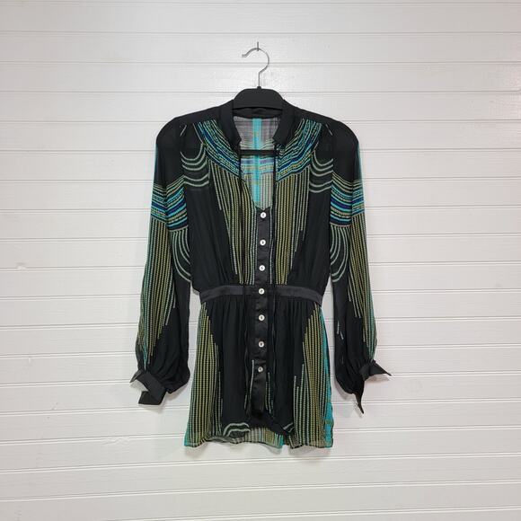 Mara Hoffman Size XS 100% Silk Blouse Oversized Geometric Button Balloon Sleeve - Picture 1 of 11
